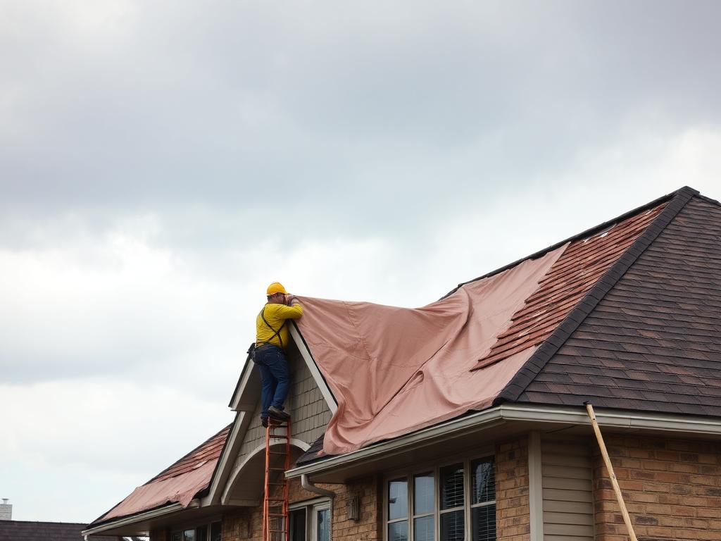 Storm response crew tarping a damaged roof